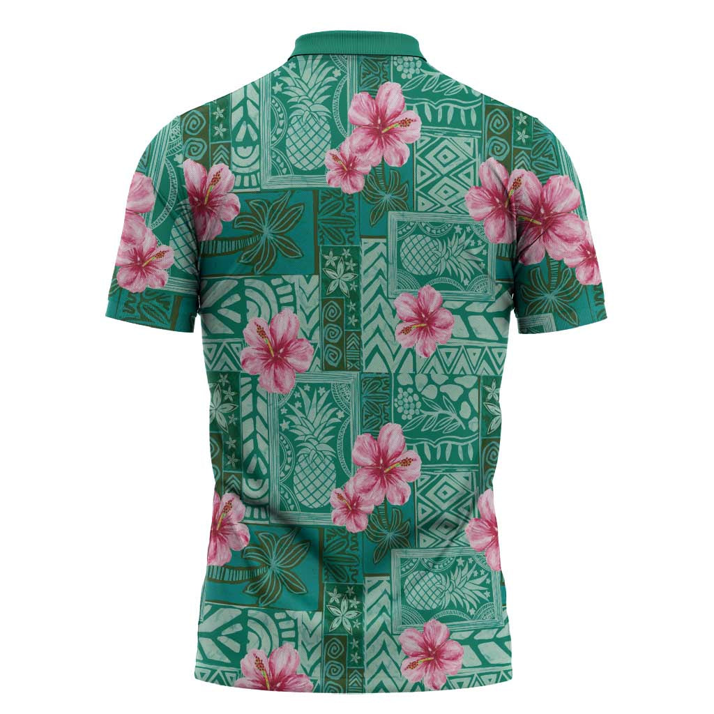Cyan Hawaii Hibiscus With Tropical Flowers Motifs Zipper Polo Shirt - Polynesian Pride