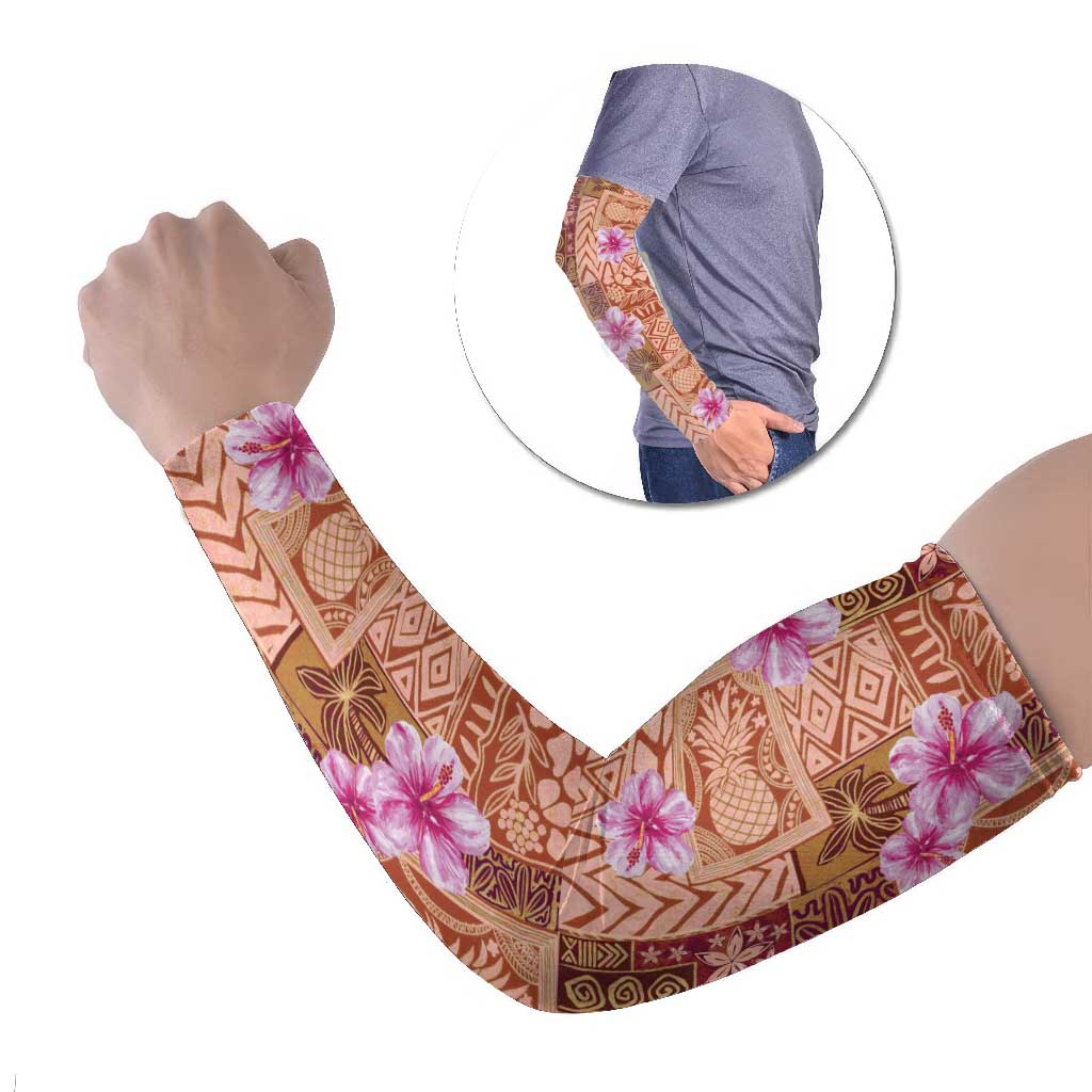 Orange Hawaii Hibiscus With Tropical Flowers Motifs Arm Sleeves - Polynesian Pride