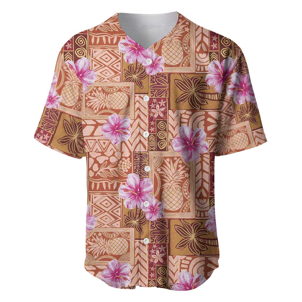 Orange Hawaii Hibiscus With Tropical Flowers Motifs Baseball Jersey LT14 Orange - Polynesian Pride