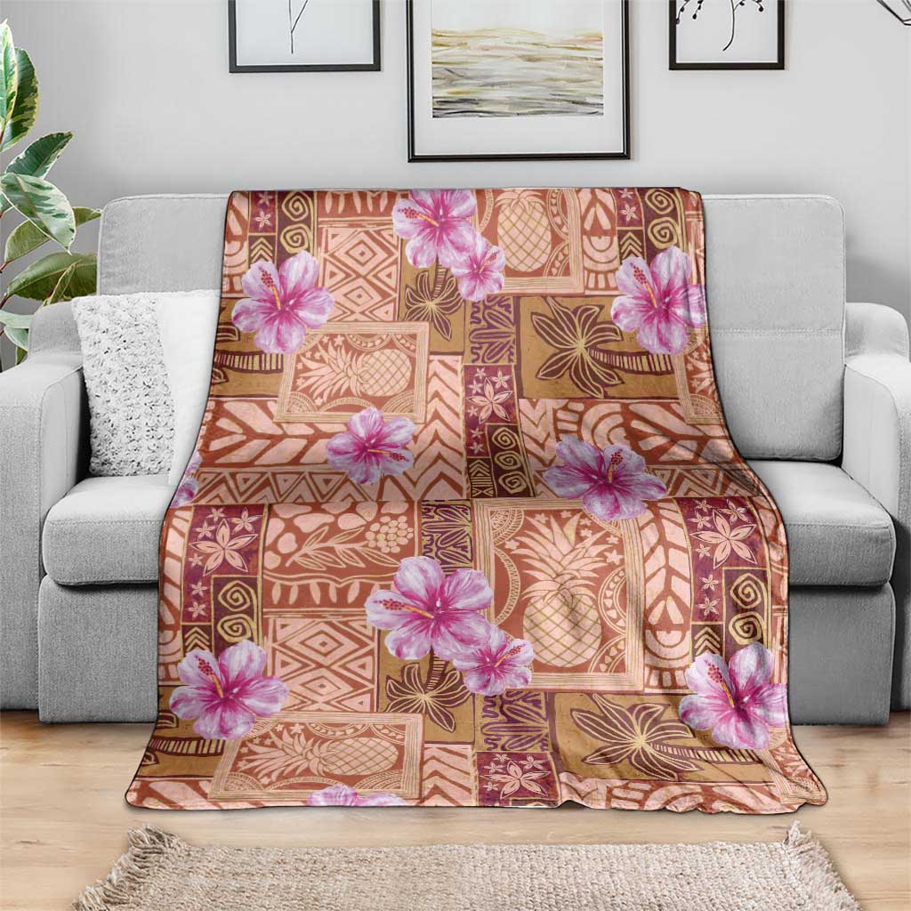 Orange Hawaii Hibiscus With Tropical Flowers Motifs Blanket - Polynesian Pride