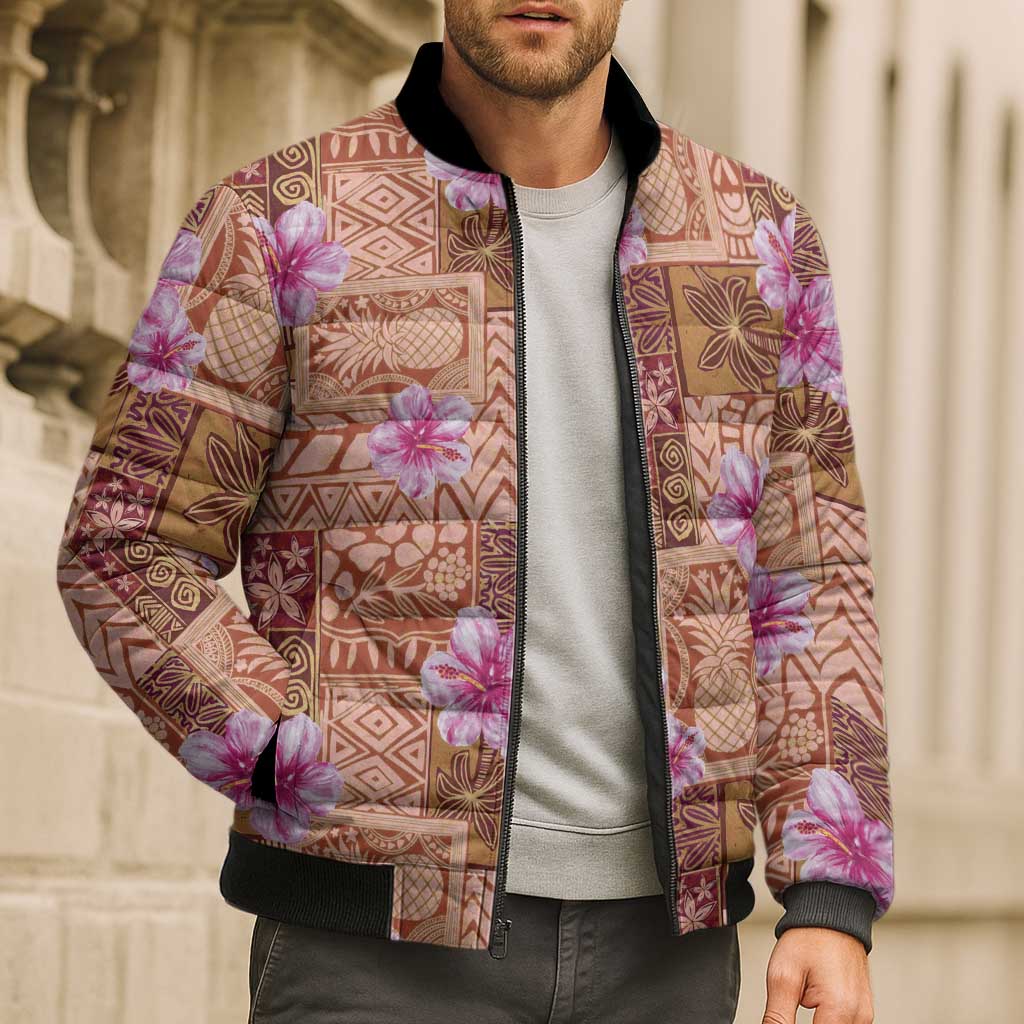 Orange Hawaii Hibiscus With Tropical Flowers Motifs Bomber Puffer Jacket - Polynesian Pride