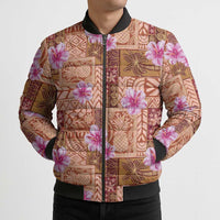 Orange Hawaii Hibiscus With Tropical Flowers Motifs Bomber Puffer Jacket - Polynesian Pride