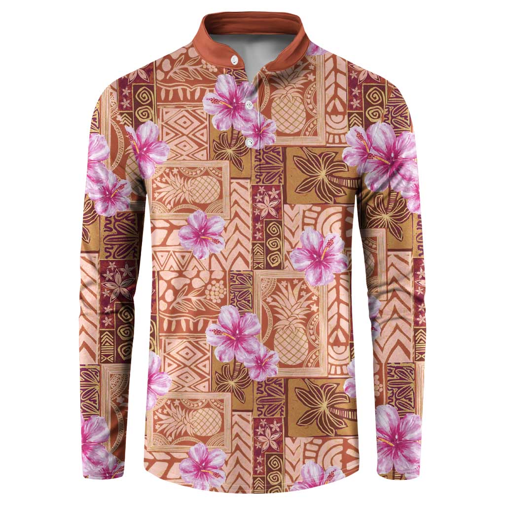 Orange Hawaii Hibiscus With Tropical Flowers Motifs Button Sweatshirt - Polynesian Pride