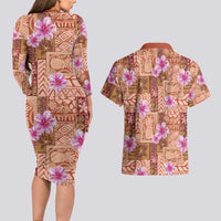 Orange Hawaii Hibiscus With Tropical Flowers Motifs Couples Matching Long Sleeve Bodycon Dress and Hawaiian Shirt - Polynesian Pride