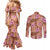 Orange Hawaii Hibiscus With Tropical Flowers Motifs Couples Matching Mermaid Dress and Long Sleeve Button Shirt - Polynesian Pride
