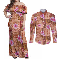Orange Hawaii Hibiscus With Tropical Flowers Motifs Couples Matching Off Shoulder Maxi Dress and Long Sleeve Button Shirt - Polynesian Pride