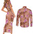 Orange Hawaii Hibiscus With Tropical Flowers Motifs Couples Matching Short Sleeve Bodycon Dress and Long Sleeve Button Shirt - Polynesian Pride