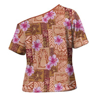 Orange Hawaii Hibiscus With Tropical Flowers Motifs Cross Shoulder Shirt - Polynesian Pride