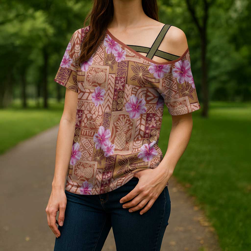 Orange Hawaii Hibiscus With Tropical Flowers Motifs Cross Shoulder Shirt - Polynesian Pride
