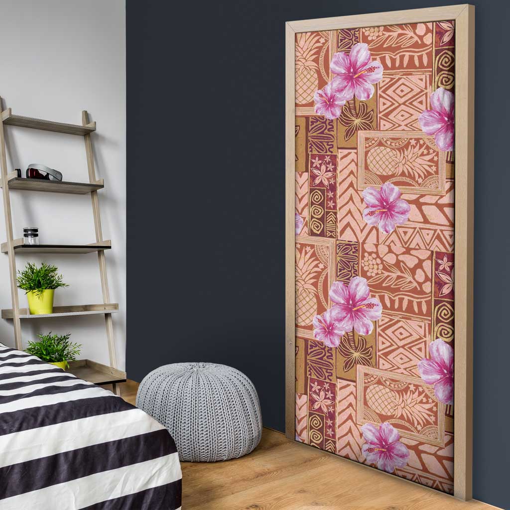 Orange Hawaii Hibiscus With Tropical Flowers Motifs Door Cover - Polynesian Pride