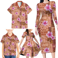 Orange Hawaii Hibiscus With Tropical Flowers Motifs Family Matching Long Sleeve Bodycon Dress and Hawaiian Shirt - Polynesian Pride
