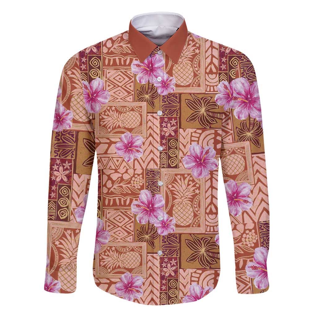 Orange Hawaii Hibiscus With Tropical Flowers Motifs Family Matching Long Sleeve Bodycon Dress and Hawaiian Shirt - Polynesian Pride