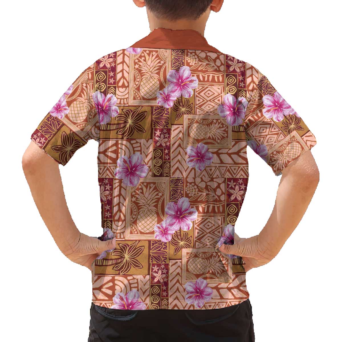 Orange Hawaii Hibiscus With Tropical Flowers Motifs Family Matching Off The Shoulder Long Sleeve Dress and Hawaiian Shirt - Polynesian Pride