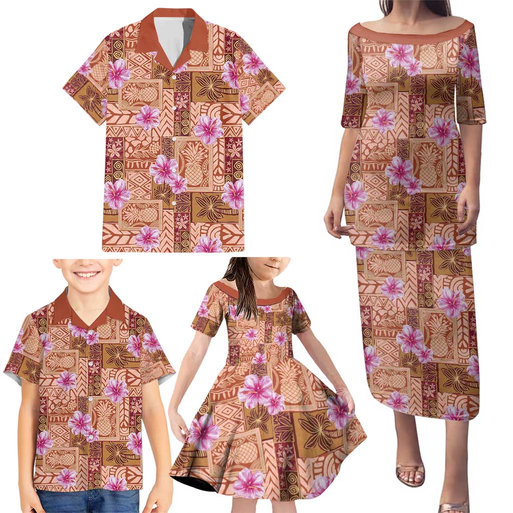 Orange Hawaii Hibiscus With Tropical Flowers Motifs Family Matching Puletasi and Hawaiian Shirt - Polynesian Pride