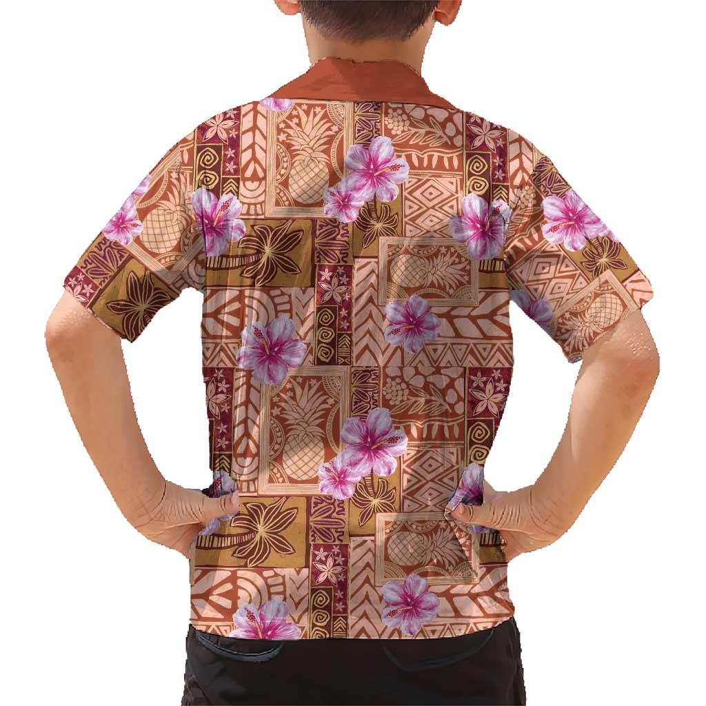 Orange Hawaii Hibiscus With Tropical Flowers Motifs Family Matching Short Sleeve Bodycon Dress and Hawaiian Shirt - Polynesian Pride