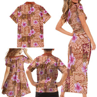 Orange Hawaii Hibiscus With Tropical Flowers Motifs Family Matching Short Sleeve Bodycon Dress and Hawaiian Shirt - Polynesian Pride