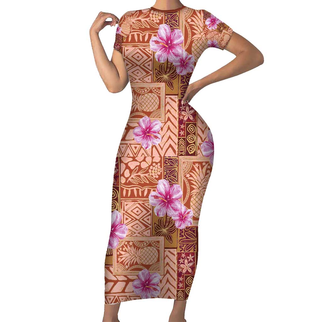 Orange Hawaii Hibiscus With Tropical Flowers Motifs Family Matching Short Sleeve Bodycon Dress and Hawaiian Shirt - Polynesian Pride
