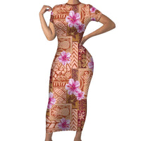 Orange Hawaii Hibiscus With Tropical Flowers Motifs Family Matching Short Sleeve Bodycon Dress and Hawaiian Shirt - Polynesian Pride