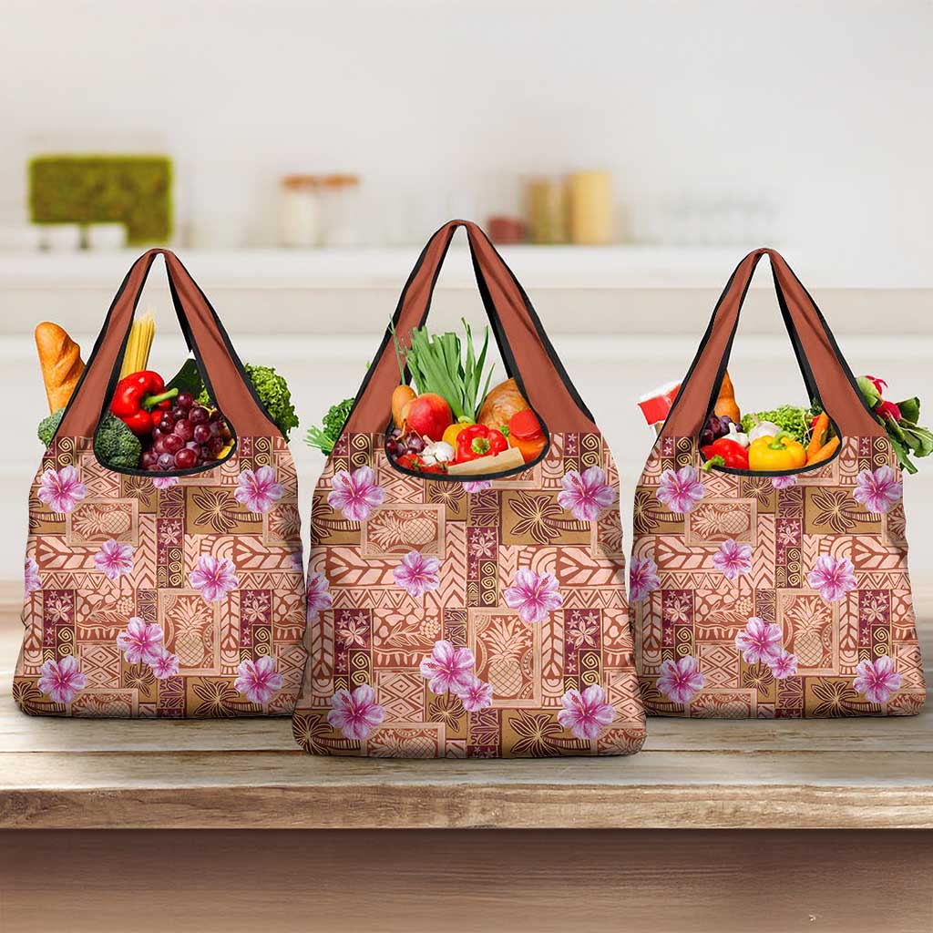 Orange Hawaii Hibiscus With Tropical Flowers Motifs Grocery Bag - Polynesian Pride