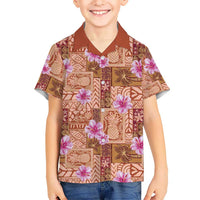 Orange Hawaii Hibiscus With Tropical Flowers Motifs Kid Hawaiian Shirt - Polynesian Pride
