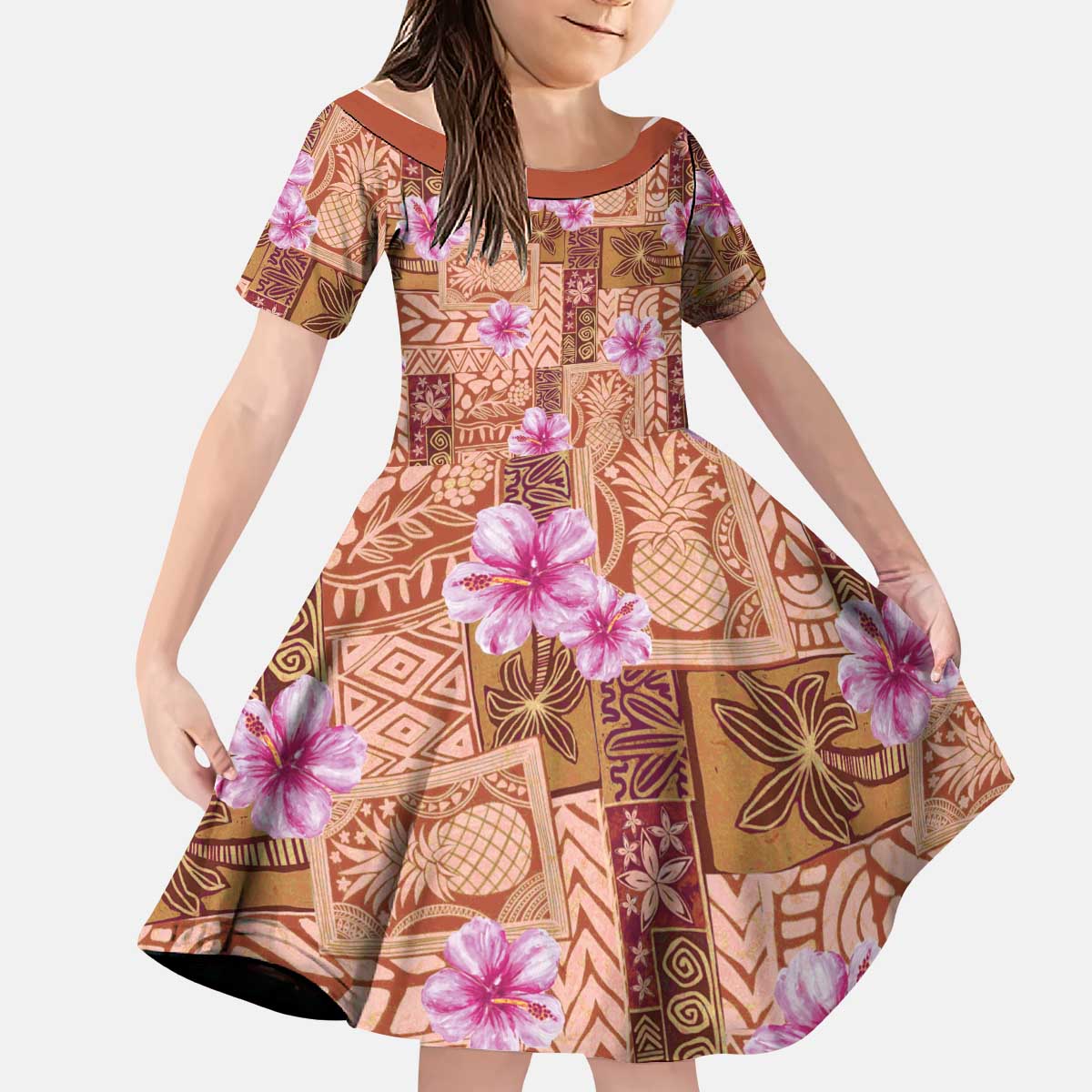 Orange Hawaii Hibiscus With Tropical Flowers Motifs Kid Short Sleeve Dress - Polynesian Pride