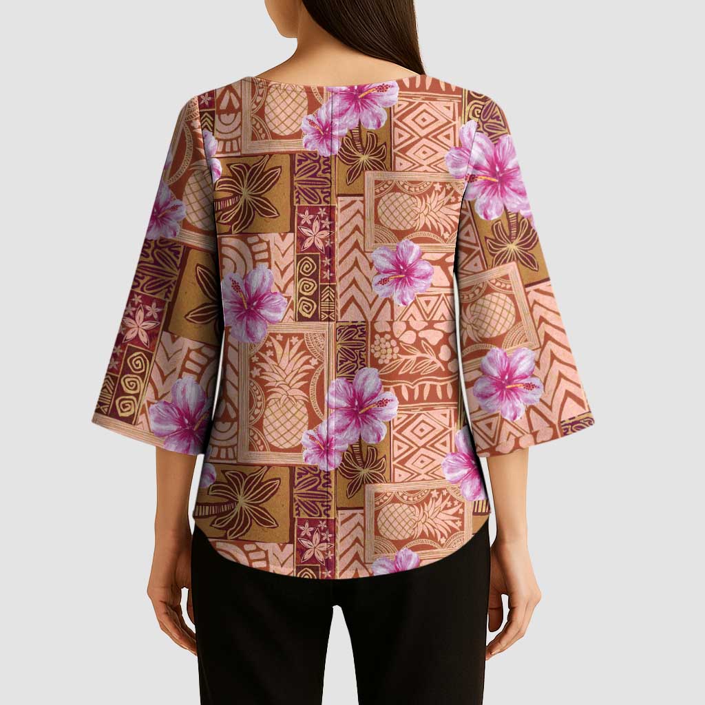 Orange Hawaii Hibiscus With Tropical Flowers Motifs Kimono Sleeve Blouse - Polynesian Pride