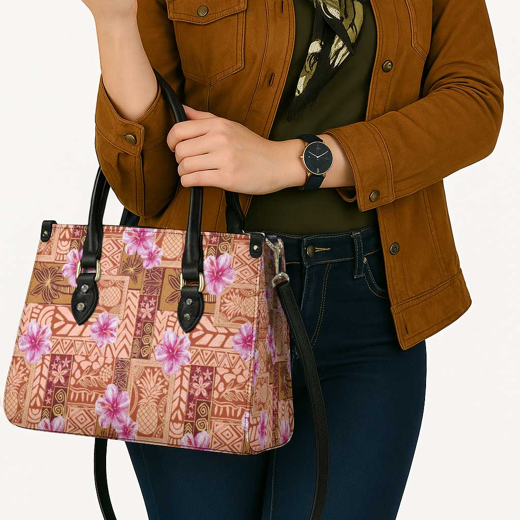 Orange Hawaii Hibiscus With Tropical Flowers Motifs Leather Bag - Polynesian Pride