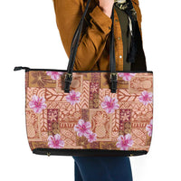 Orange Hawaii Hibiscus With Tropical Flowers Motifs Leather Tote Bag - Polynesian Pride