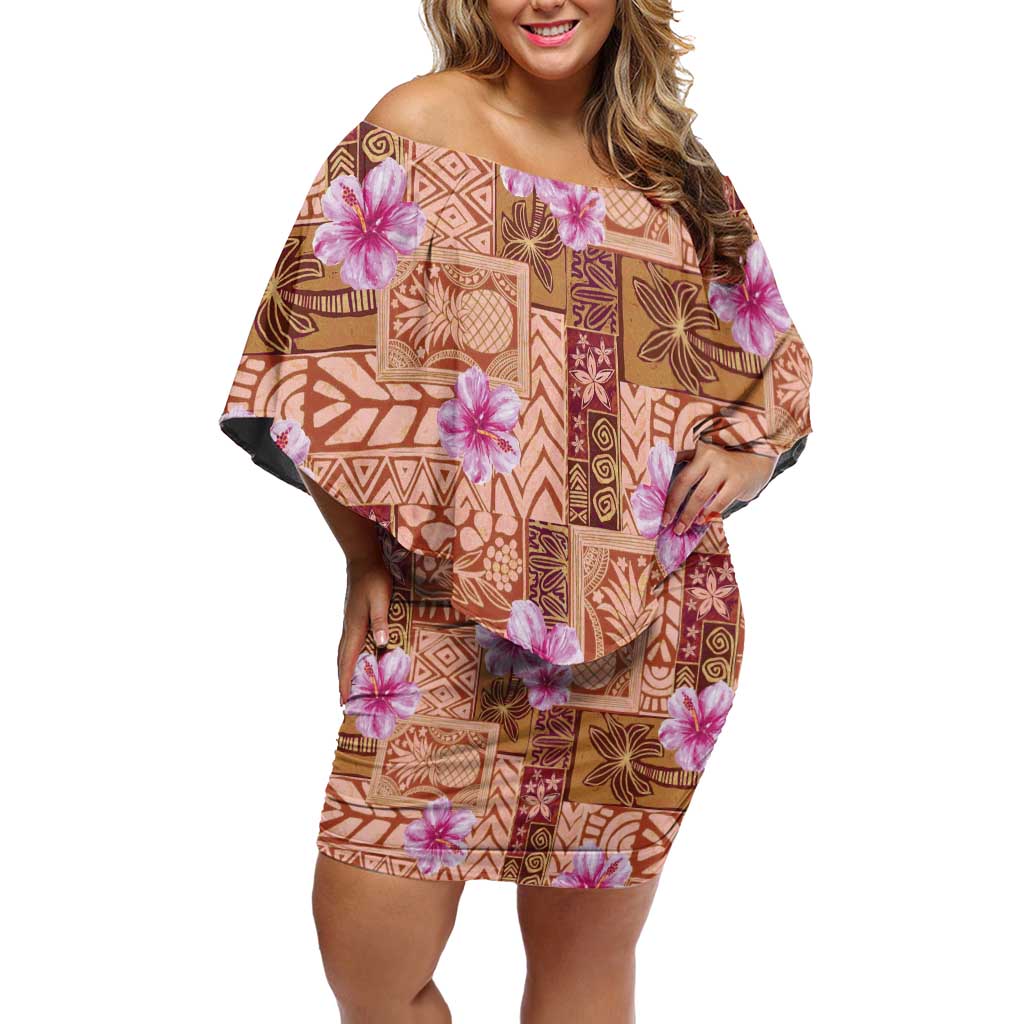 Orange Hawaii Hibiscus With Tropical Flowers Motifs Off Shoulder Short Dress - Polynesian Pride