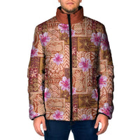 Orange Hawaii Hibiscus With Tropical Flowers Motifs Padded Jacket - Polynesian Pride