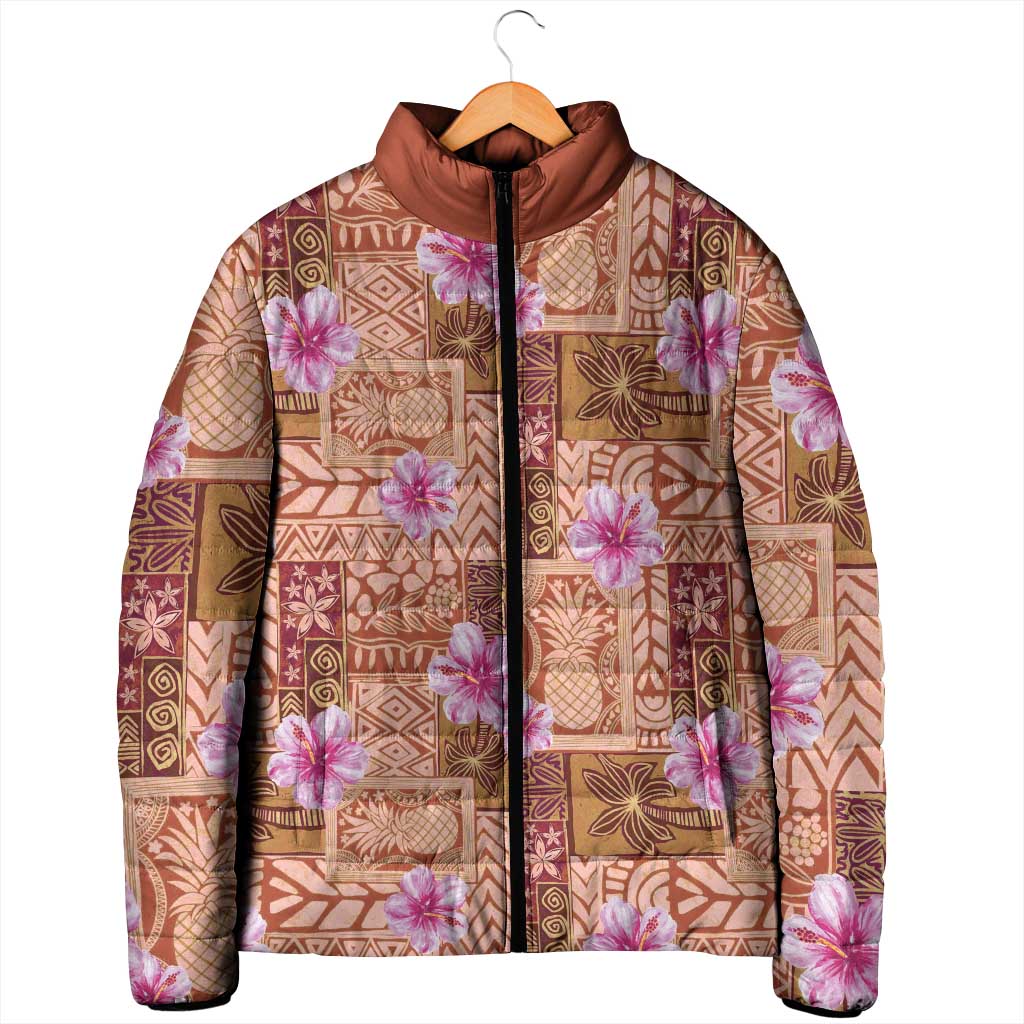 Orange Hawaii Hibiscus With Tropical Flowers Motifs Padded Jacket - Polynesian Pride