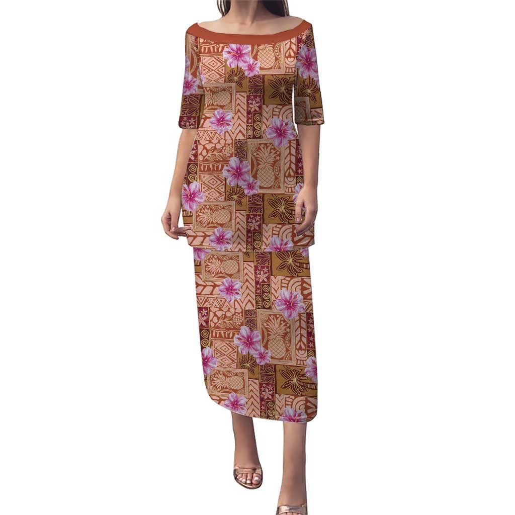 Orange Hawaii Hibiscus With Tropical Flowers Motifs Puletasi - Polynesian Pride