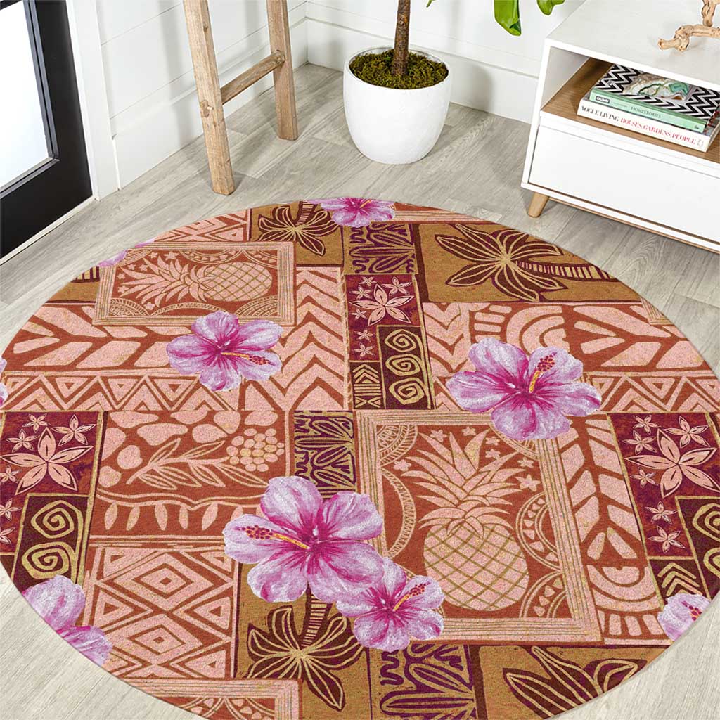 Orange Hawaii Hibiscus With Tropical Flowers Motifs Round Carpet LT14 Orange - Polynesian Pride