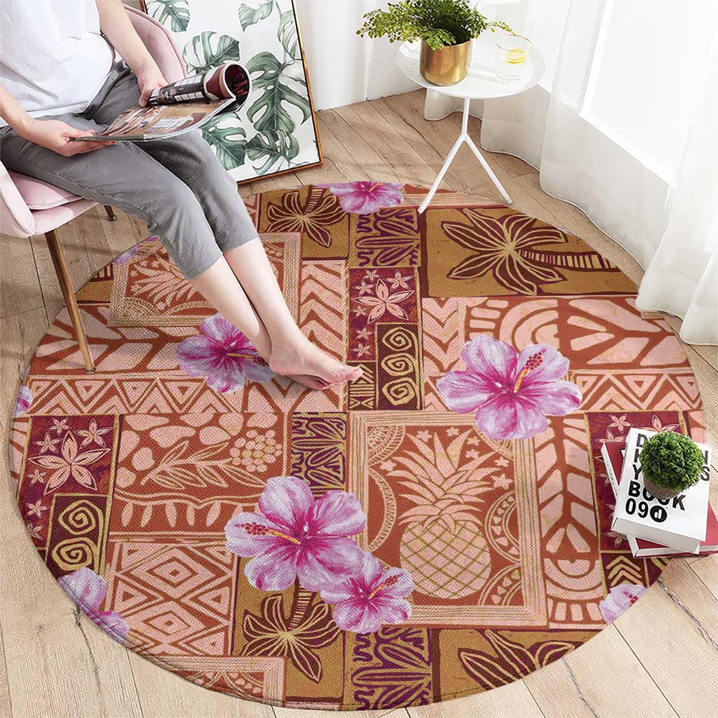 Orange Hawaii Hibiscus With Tropical Flowers Motifs Round Carpet LT14 - Polynesian Pride