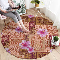 Orange Hawaii Hibiscus With Tropical Flowers Motifs Round Carpet LT14 - Polynesian Pride