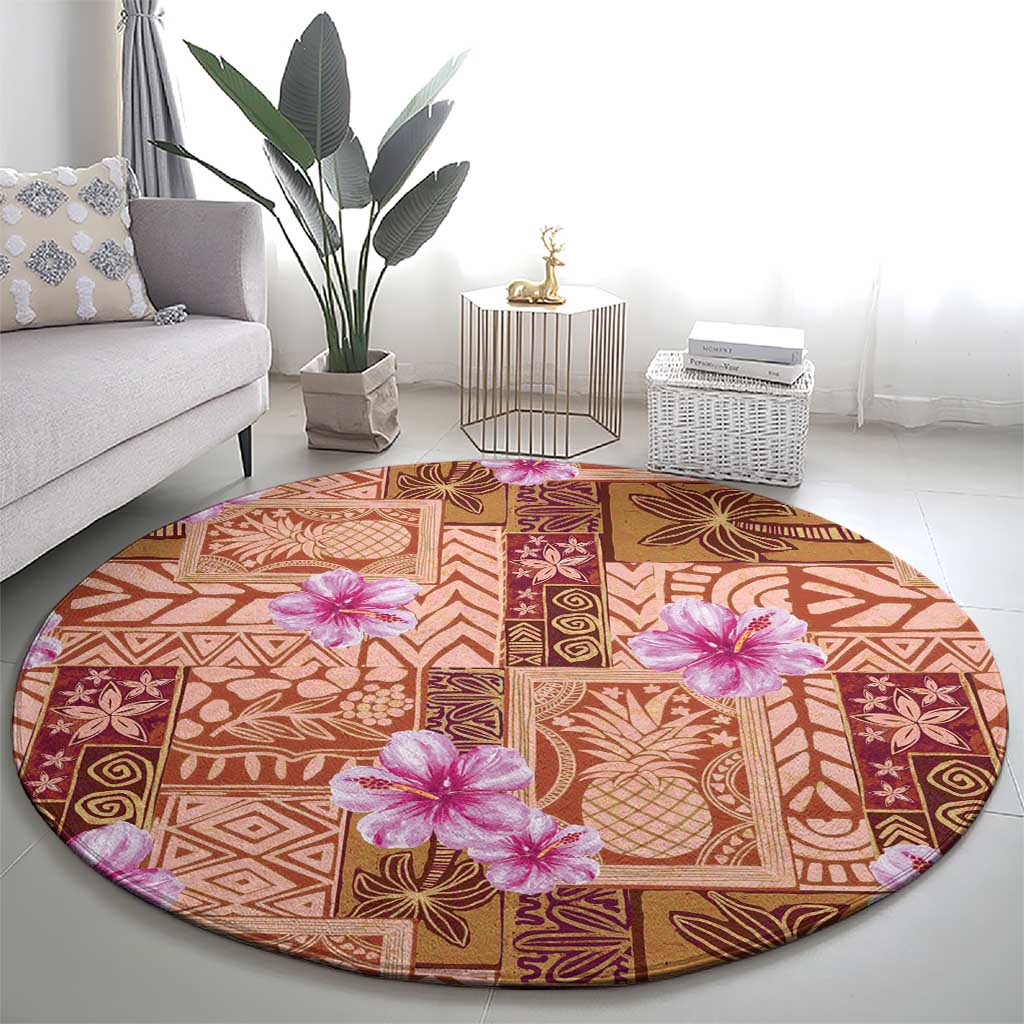 Orange Hawaii Hibiscus With Tropical Flowers Motifs Round Carpet LT14 - Polynesian Pride