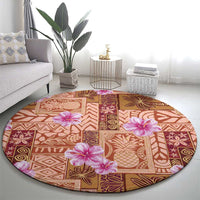 Orange Hawaii Hibiscus With Tropical Flowers Motifs Round Carpet LT14 - Polynesian Pride