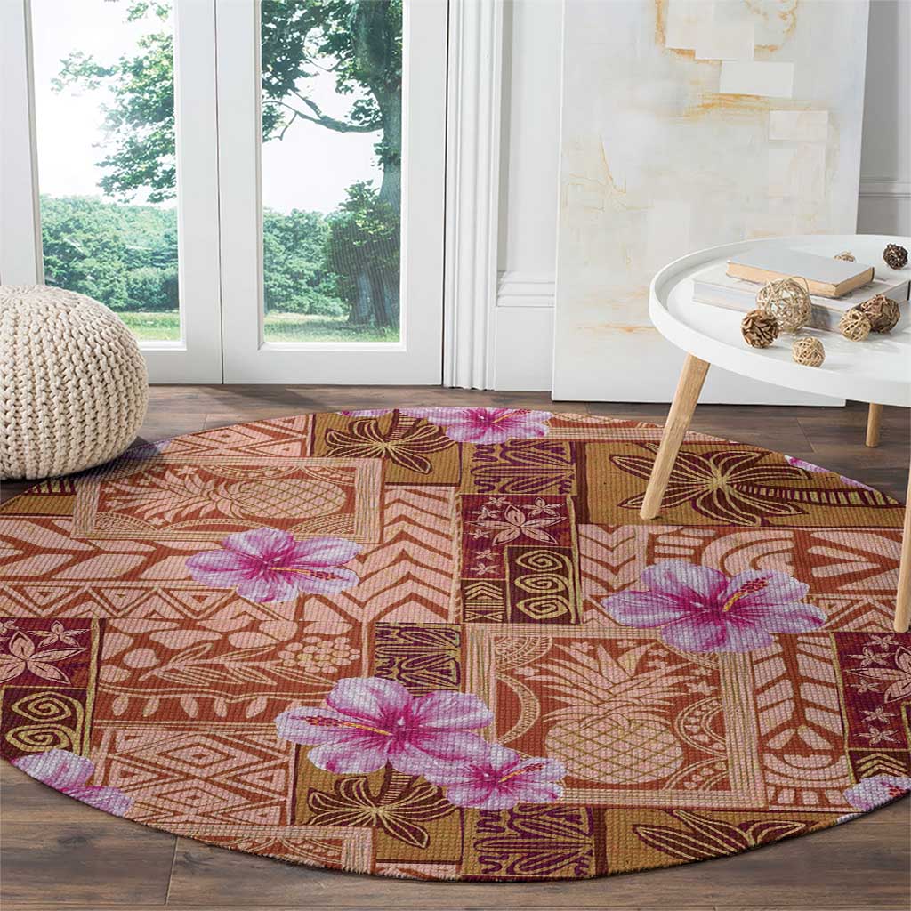 Orange Hawaii Hibiscus With Tropical Flowers Motifs Round Carpet LT14 - Polynesian Pride