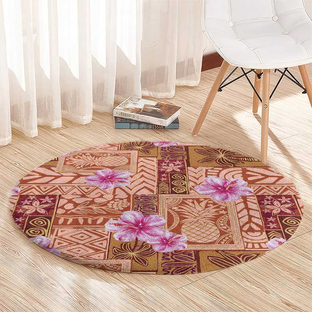 Orange Hawaii Hibiscus With Tropical Flowers Motifs Round Carpet LT14 - Polynesian Pride