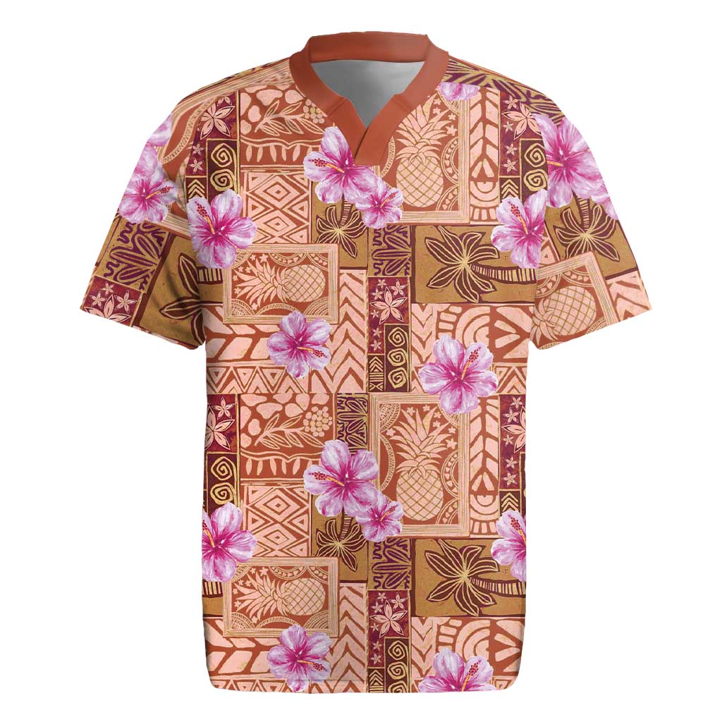 Orange Hawaii Hibiscus With Tropical Flowers Motifs Rugby Jersey - Polynesian Pride