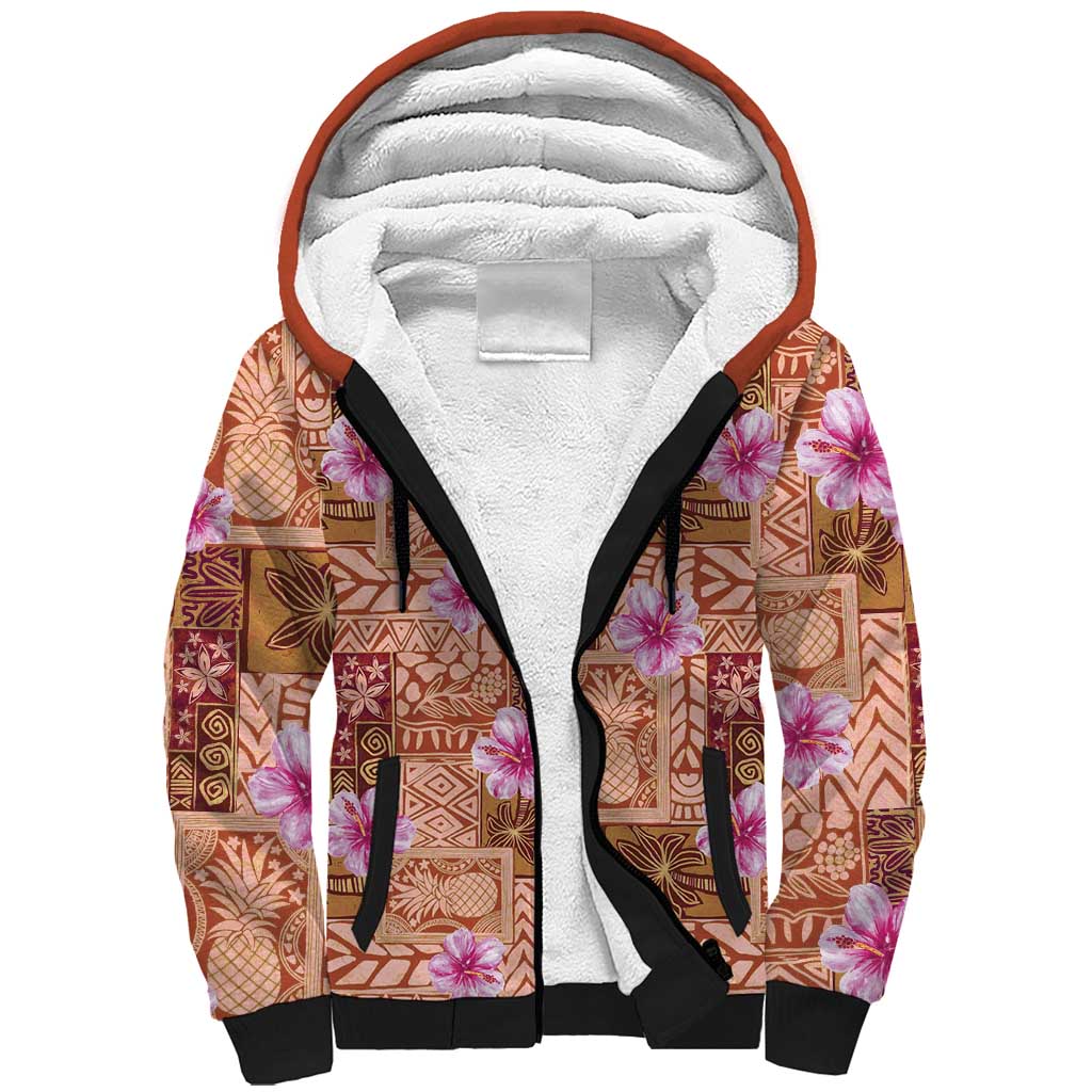 Orange Hawaii Hibiscus With Tropical Flowers Motifs Sherpa Hoodie - Polynesian Pride