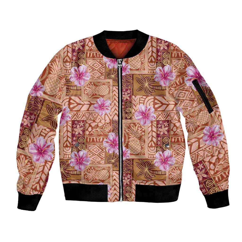 Orange Hawaii Hibiscus With Tropical Flowers Motifs Sleeve Zip Bomber Jacket - Polynesian Pride