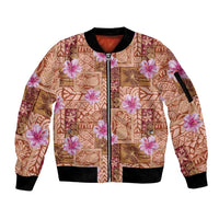 Orange Hawaii Hibiscus With Tropical Flowers Motifs Sleeve Zip Bomber Jacket - Polynesian Pride
