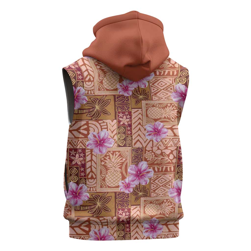 Orange Hawaii Hibiscus With Tropical Flowers Motifs Sleeveless Hoodie - Polynesian Pride