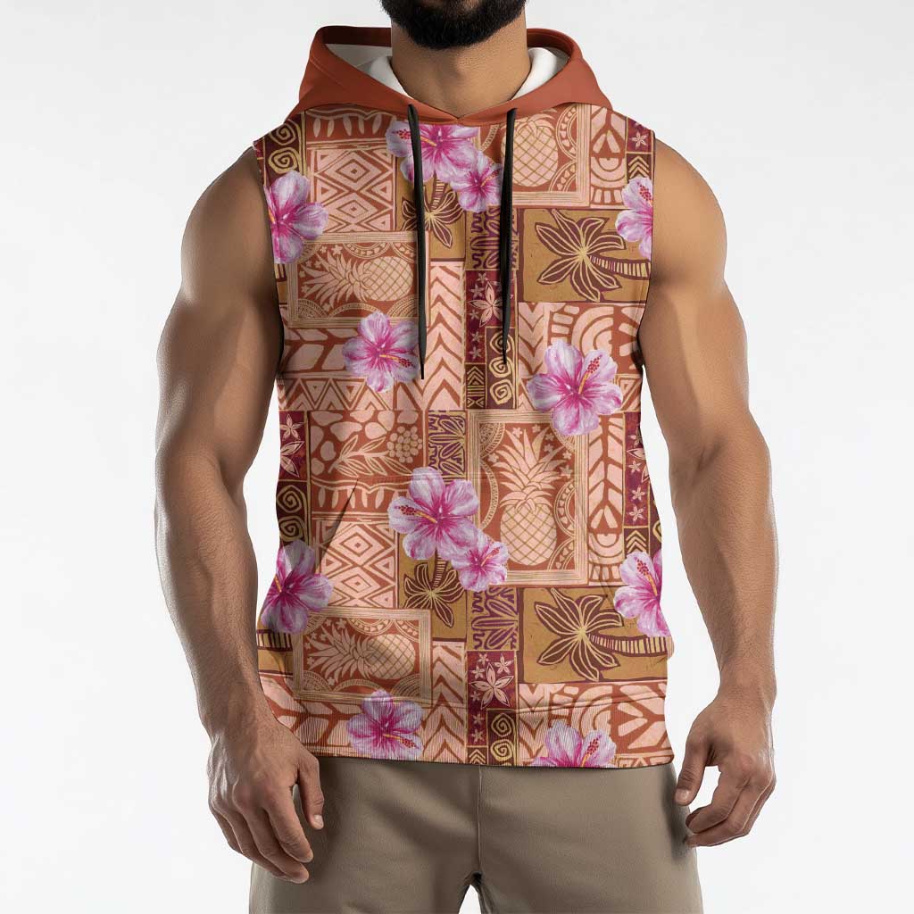 Orange Hawaii Hibiscus With Tropical Flowers Motifs Sleeveless Hoodie - Polynesian Pride