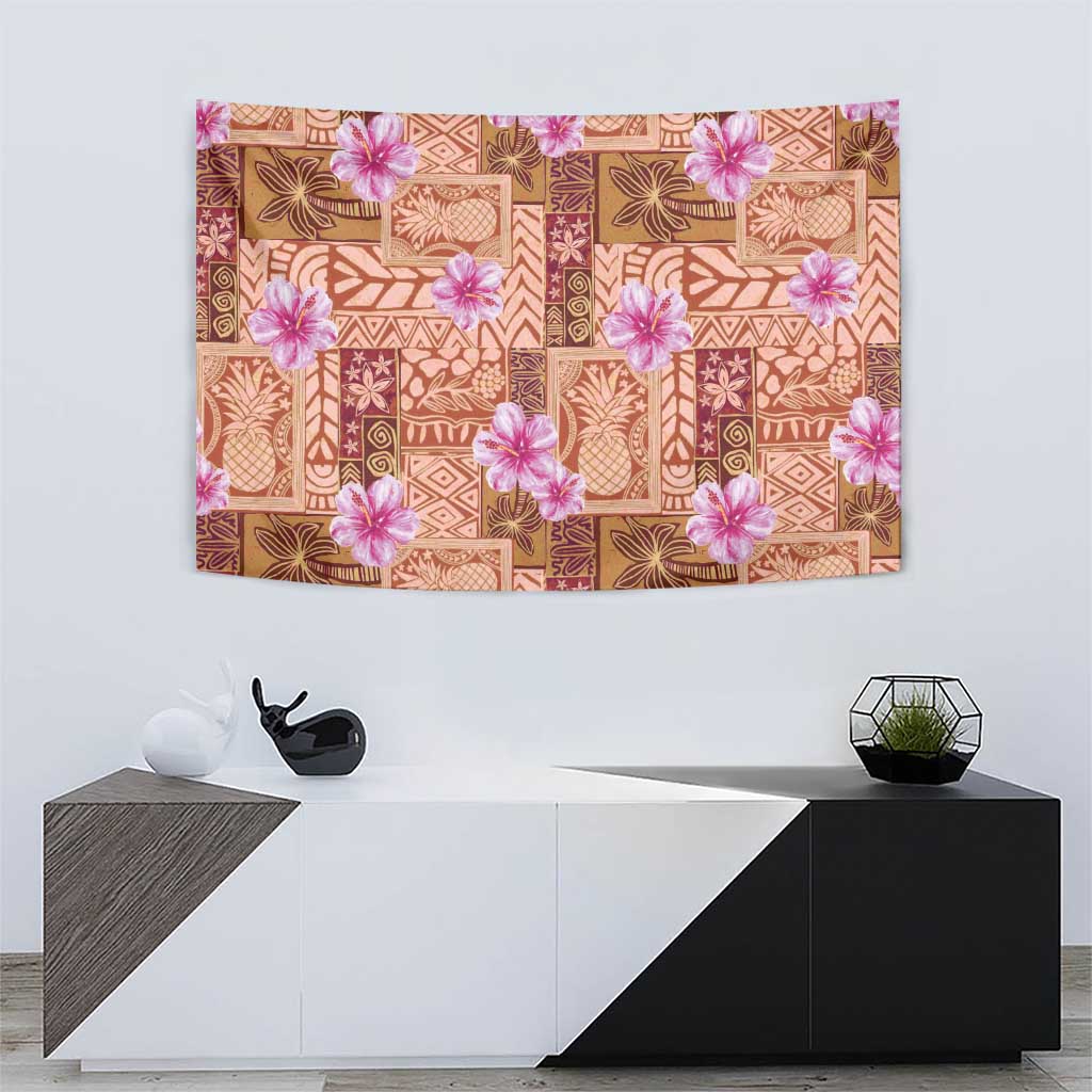 Orange Hawaii Hibiscus With Tropical Flowers Motifs Tapestry - Polynesian Pride