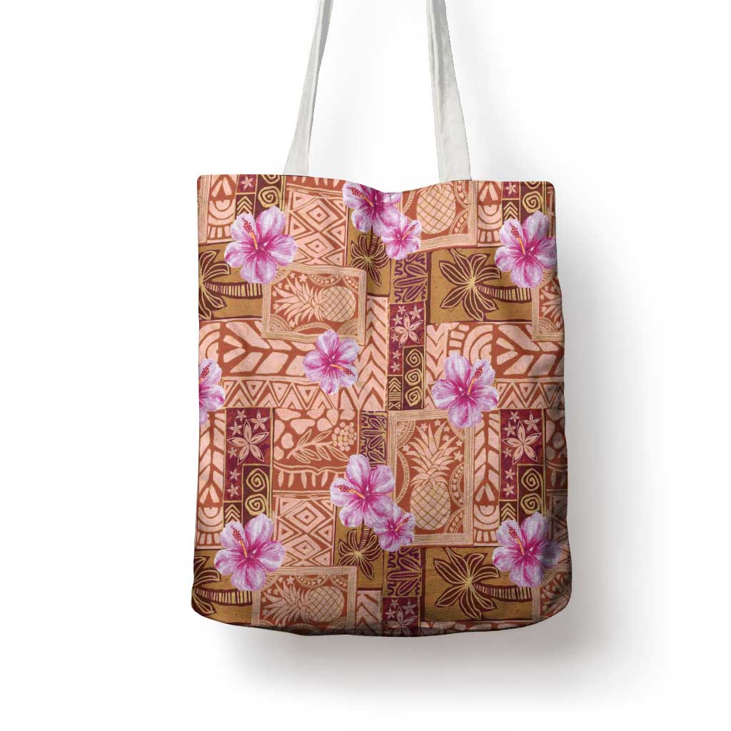 Orange Hawaii Hibiscus With Tropical Flowers Motifs Tote Bag - Polynesian Pride