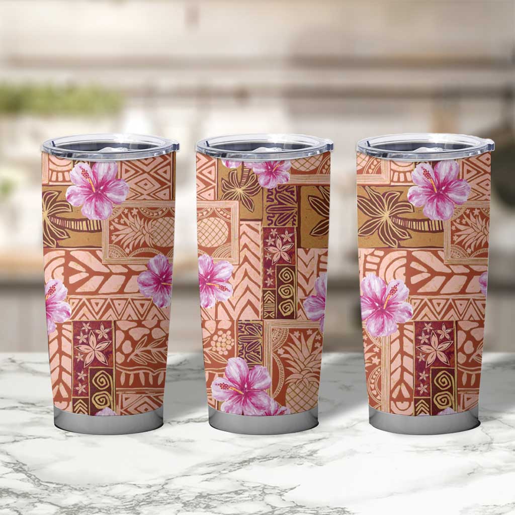 Orange Hawaii Hibiscus With Tropical Flowers Motifs Tumbler Cup - Polynesian Pride