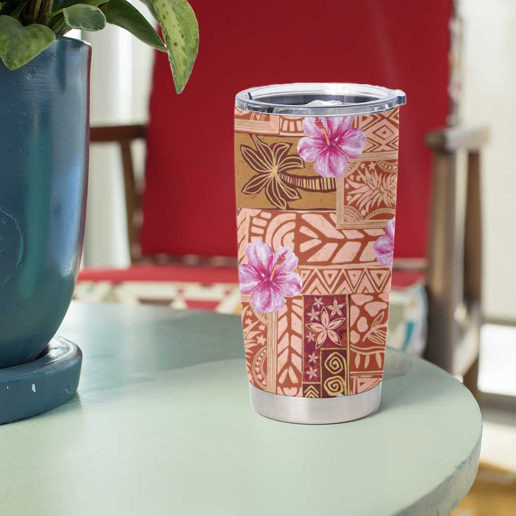 Orange Hawaii Hibiscus With Tropical Flowers Motifs Tumbler Cup - Polynesian Pride