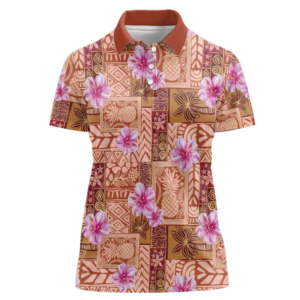 Orange Hawaii Hibiscus With Tropical Flowers Motifs Women Polo Shirt - Polynesian Pride